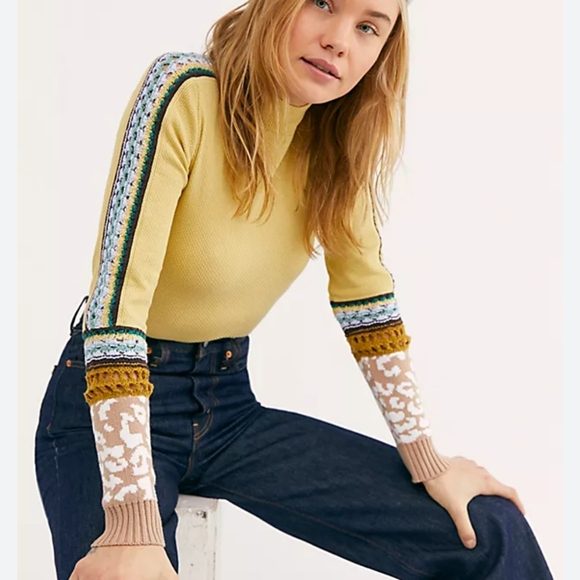 Free People Tops - Free People New Switch it Up Cuff Thermal Yellow Crochet Mock Neck Top SZ Large